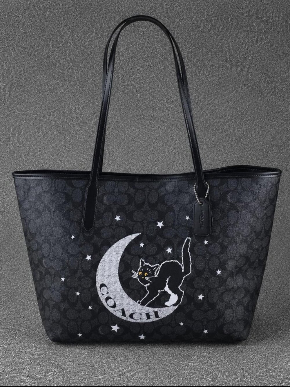 COACH City Tote Bag Signature Canvas Halloween Cat on Moon